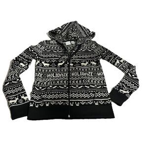 Live Love Dream Hoodie Sweatshirt Junior SMALL Black White Fair Isle Lightweight